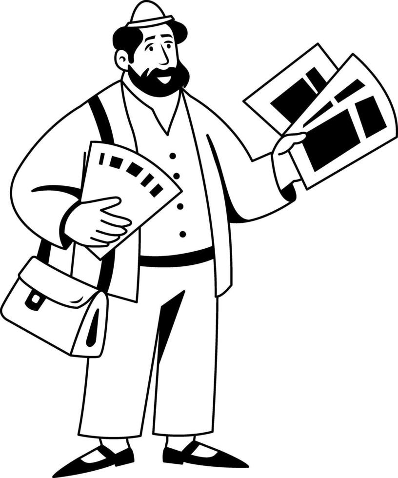 A poor character selling newspaper illustration in glyph style vector