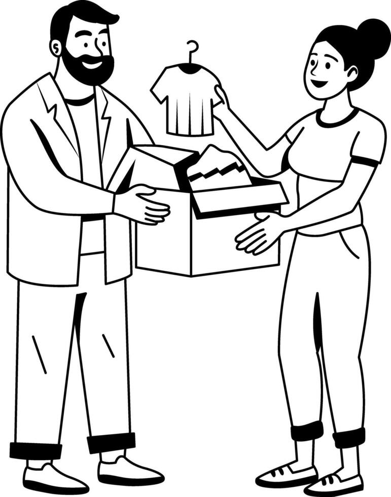 A glyph illustration of woman giving charity box to old man vector