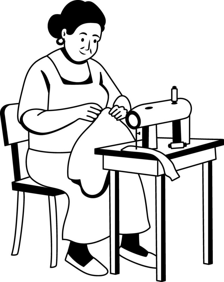 A poor woman sewing clothes illustration in glyph style vector