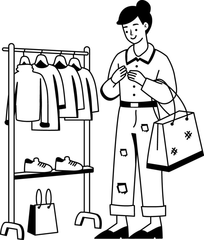 A glyph illustration of woman doing shopping from flea market vector