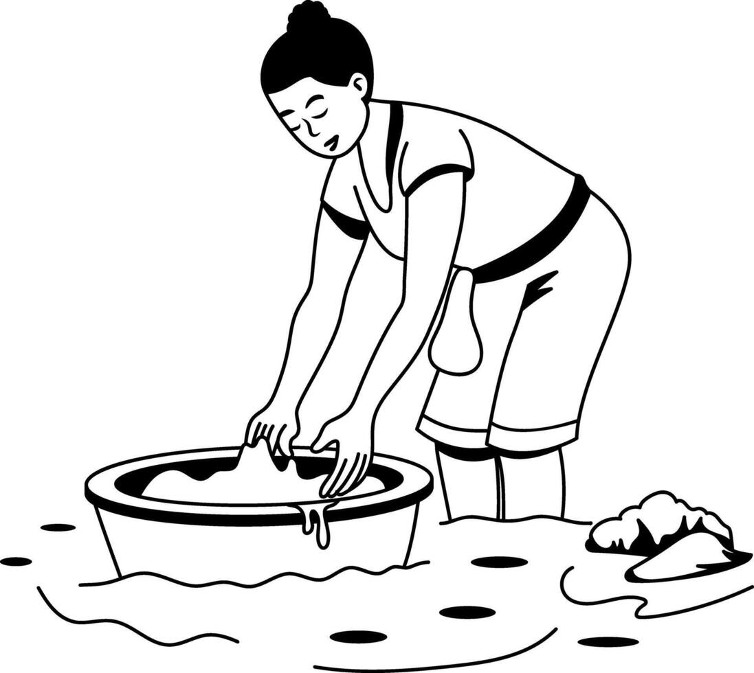 A poor lady washing clothes in river, glyph illustration vector