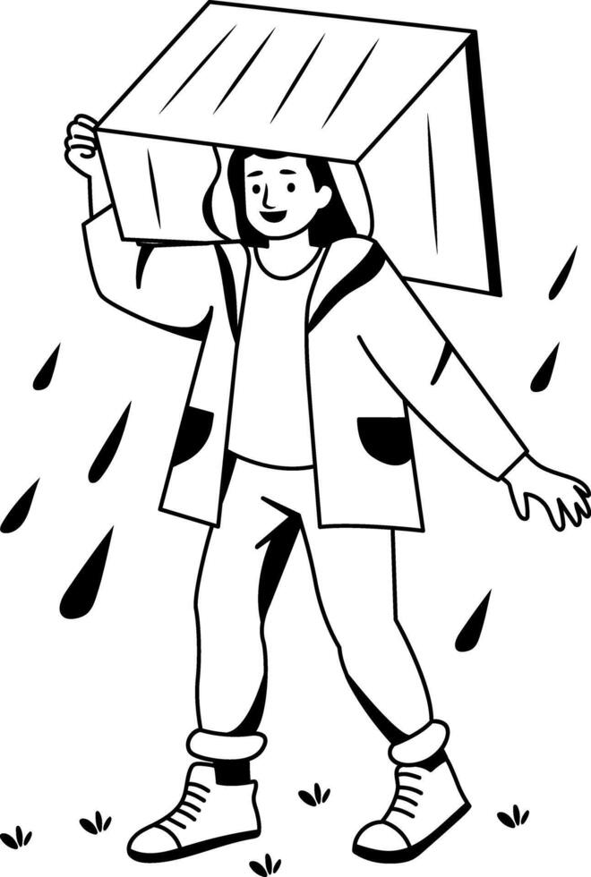 A character carrying rain shelter on his head illustration in glyph style vector
