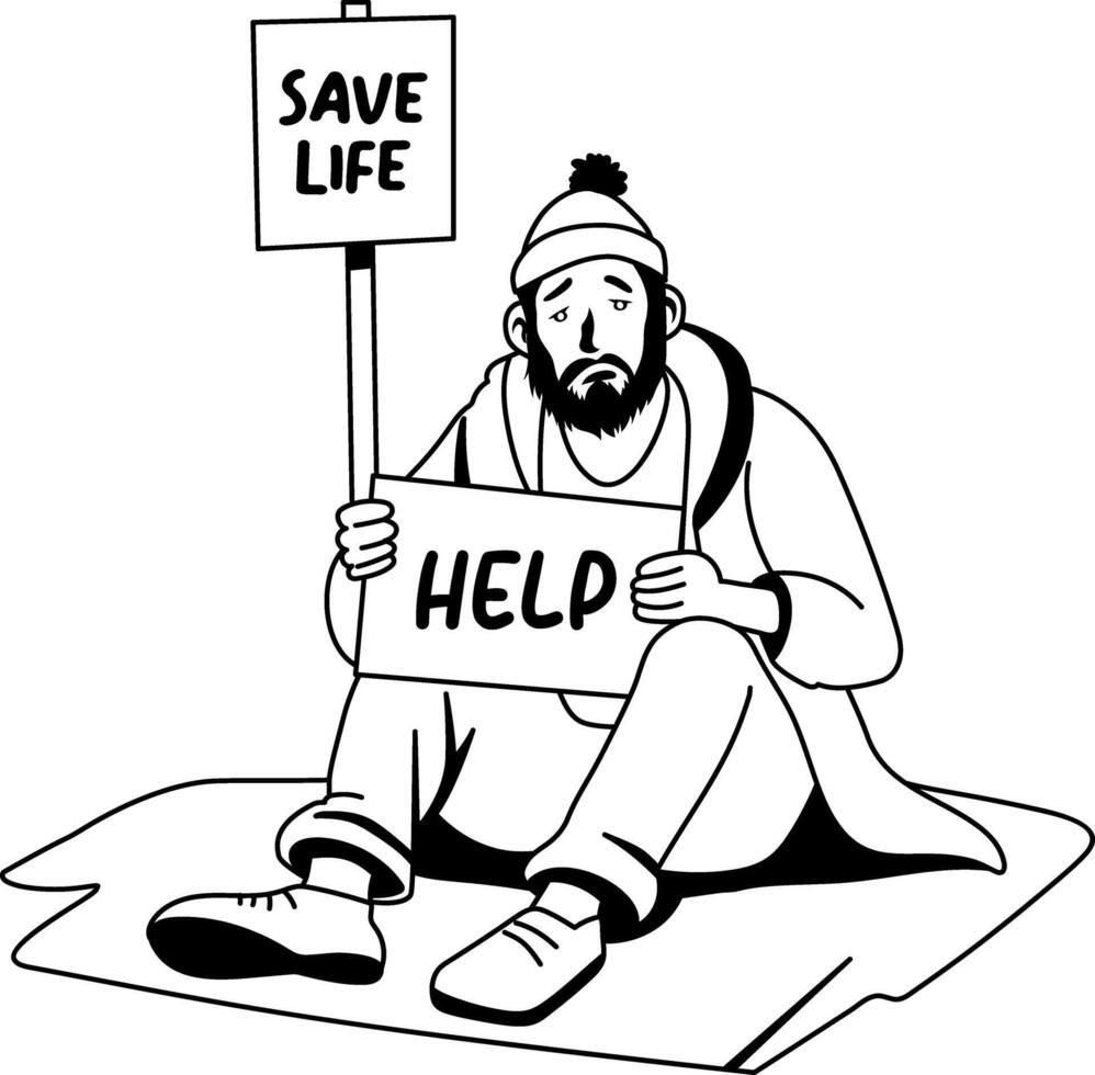 Pauper character holding help board illustration in glyph style vector