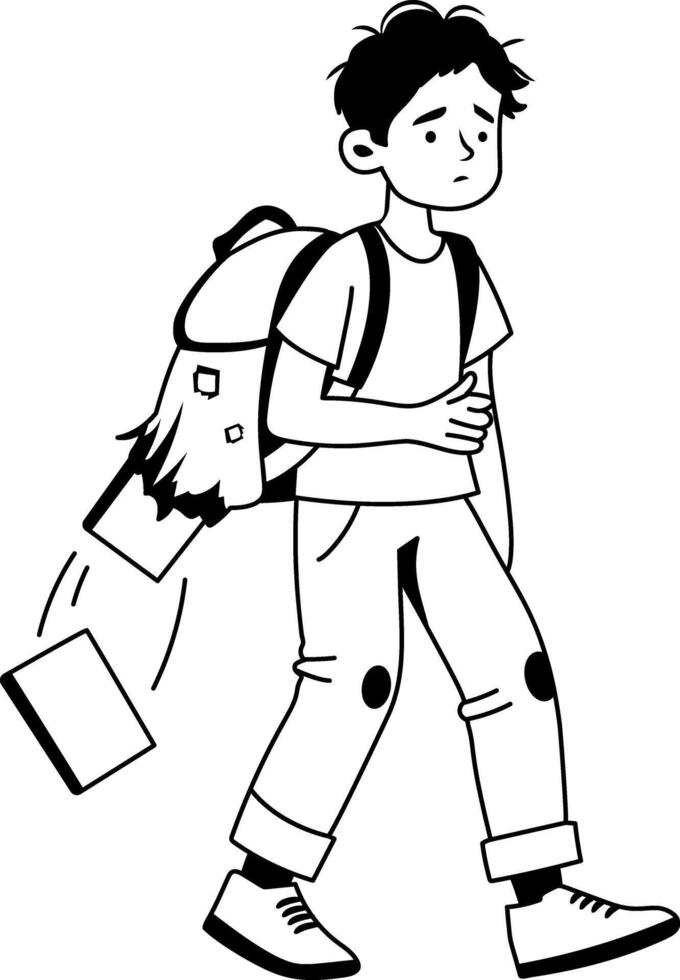 Books falling from worn bag of poor child, glyph illustration vector