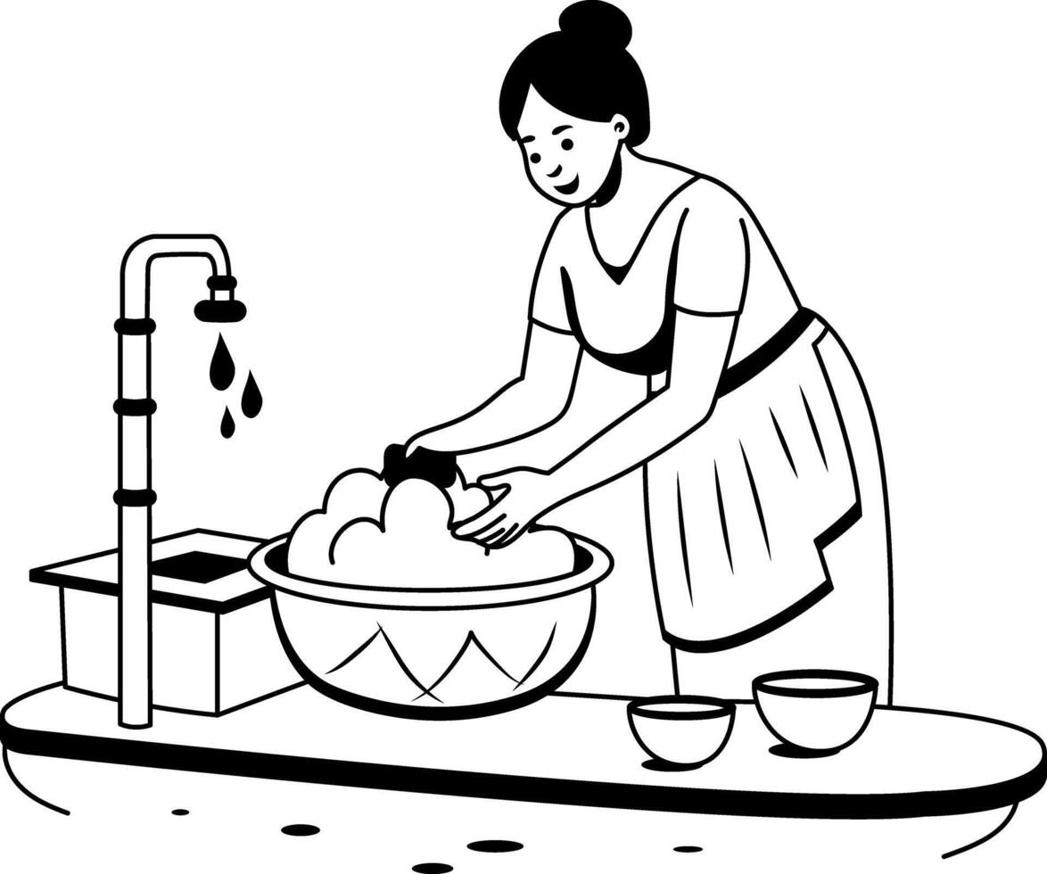 A poor lady washing dishes illustration in glyph style vector