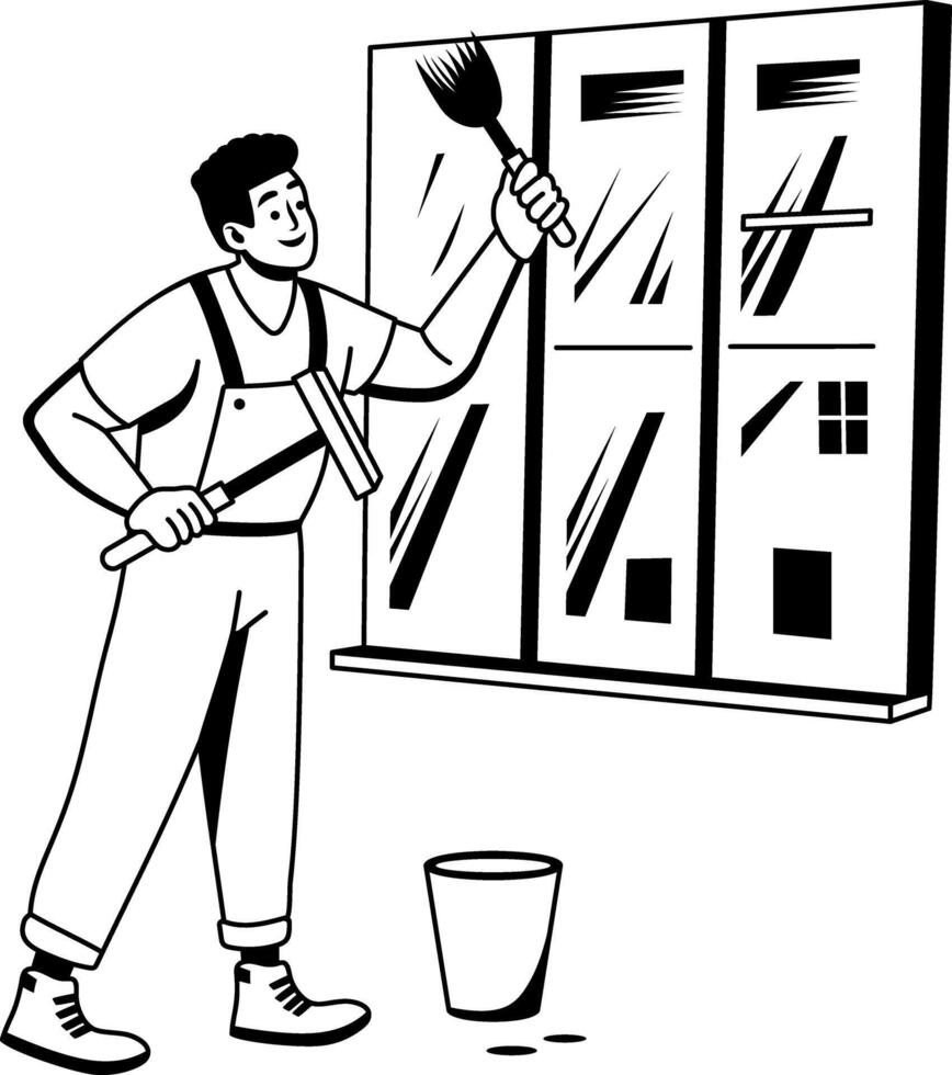 A glyph illustration of a character cleaning window vector