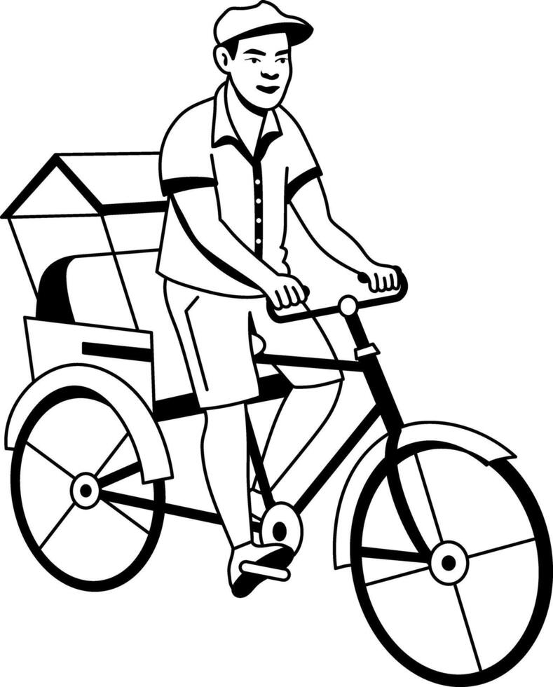 A poor character riding a bicycle taxi, glyph illustration vector