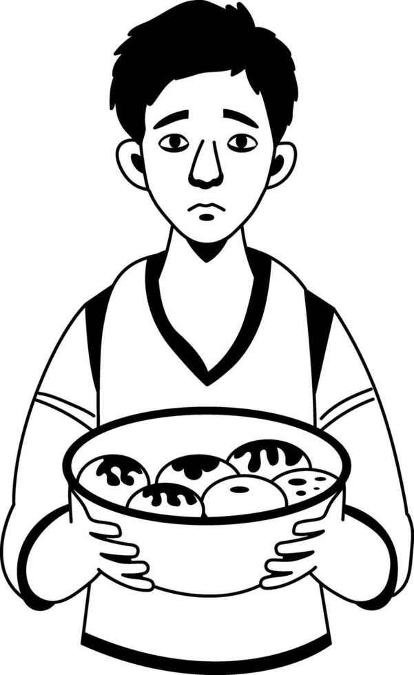 Hunger character holding a bowl illustration in glyph style vector