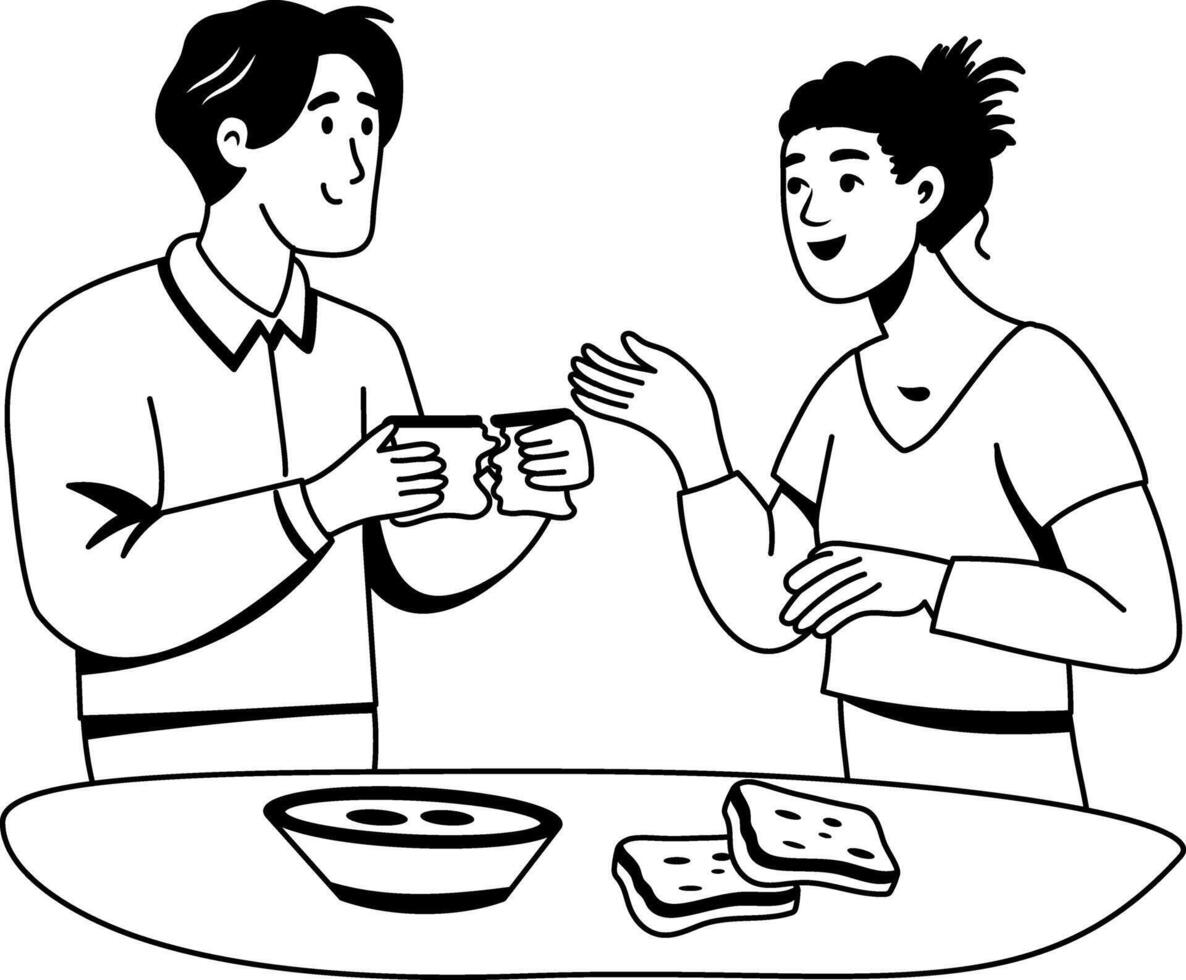 Two characters sharing food illustration in glyph style vector