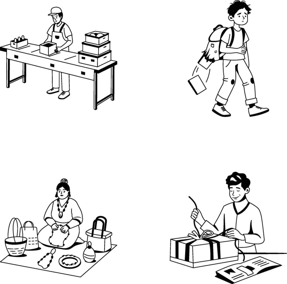 Pack of Glyph Style Poor Characters Illustrations vector
