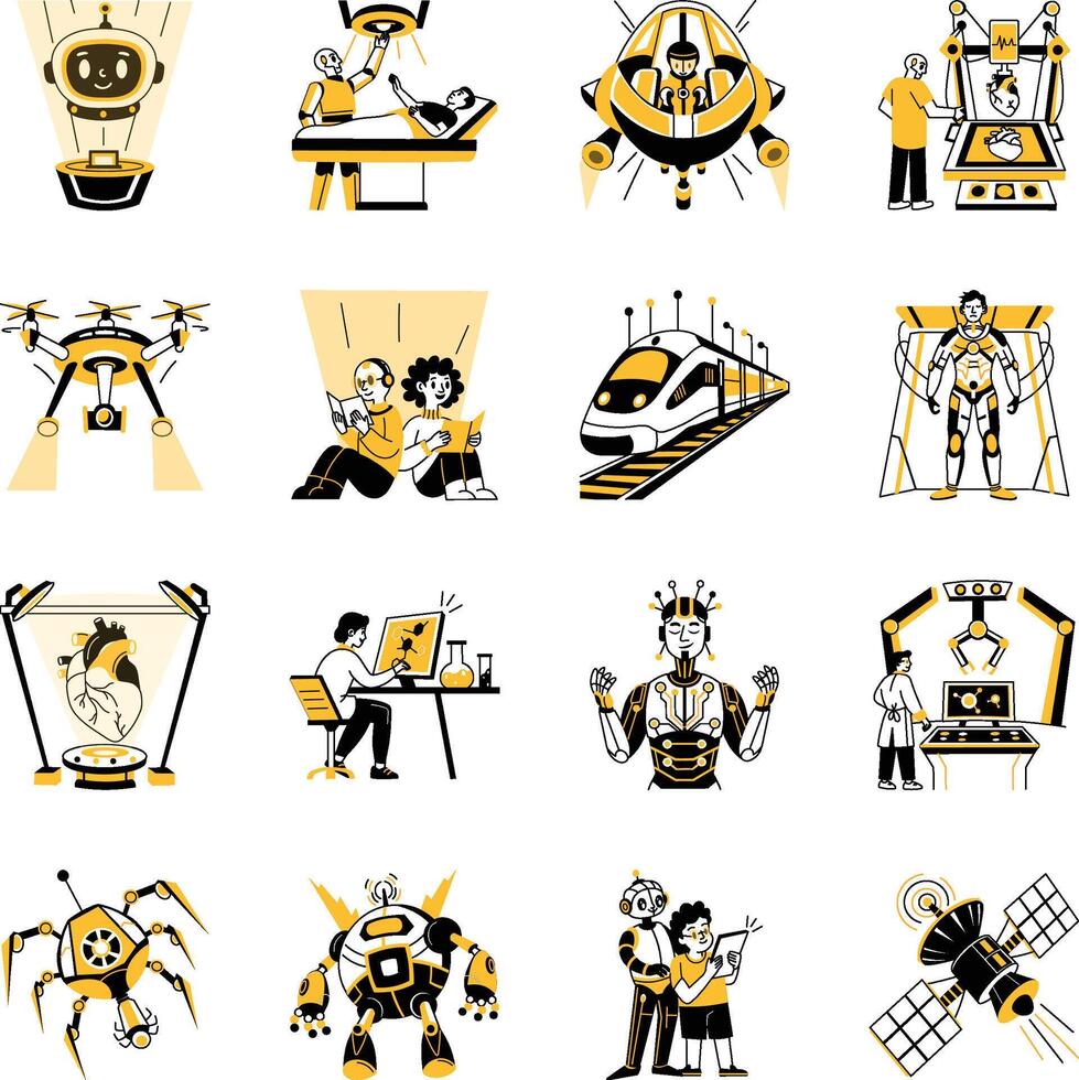 Collection of Hand Drawn Robotics Illustrations vector