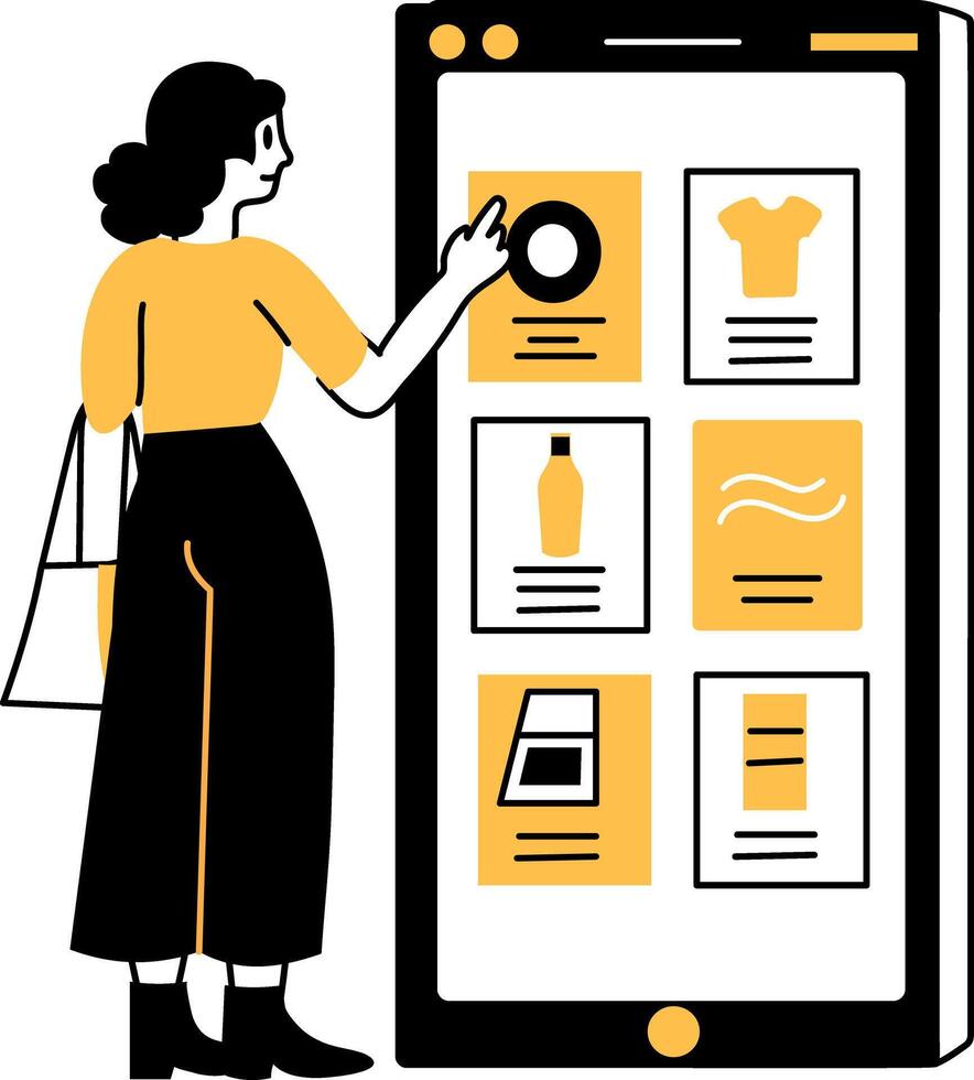 A character doing digital shopping, hand drawn illustration vector