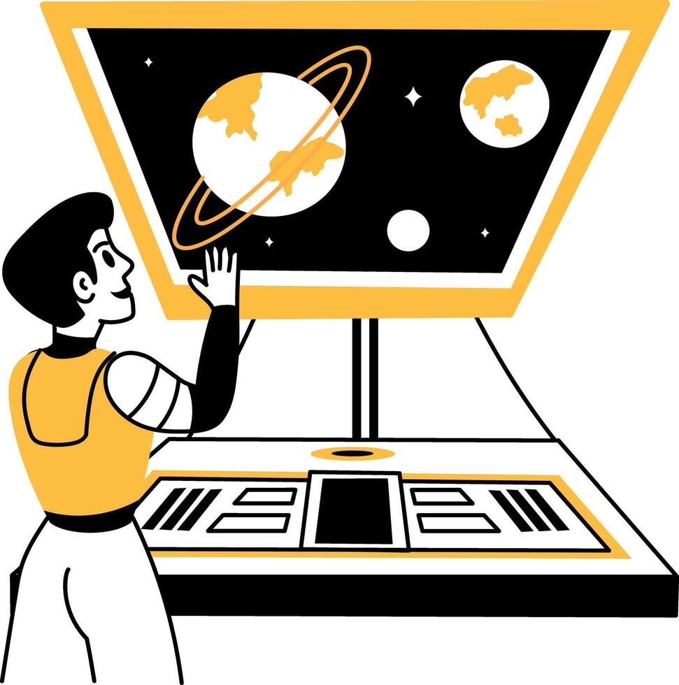 A character doing space research, hand drawn illustration vector