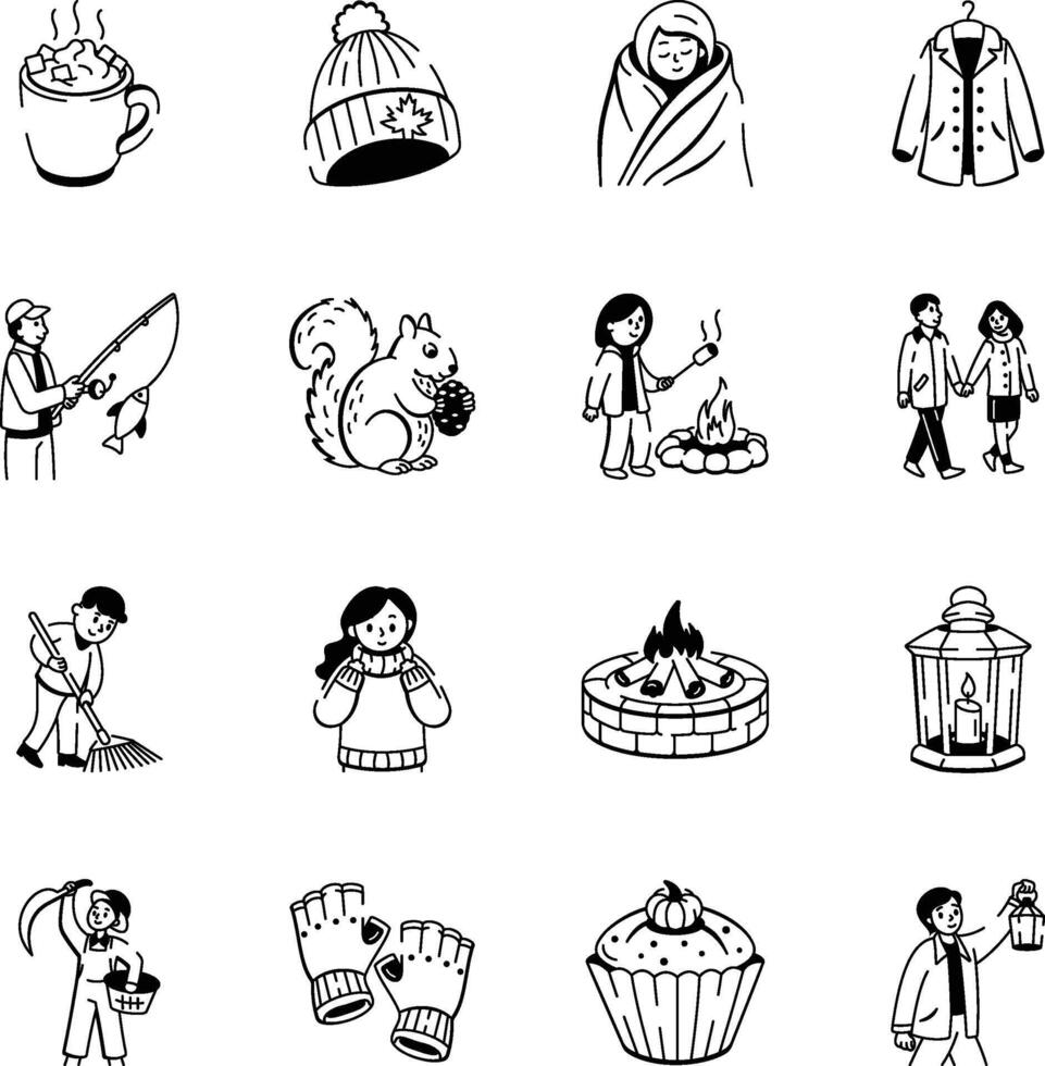 Set of Fall Animals and Characters Doodle Icons vector