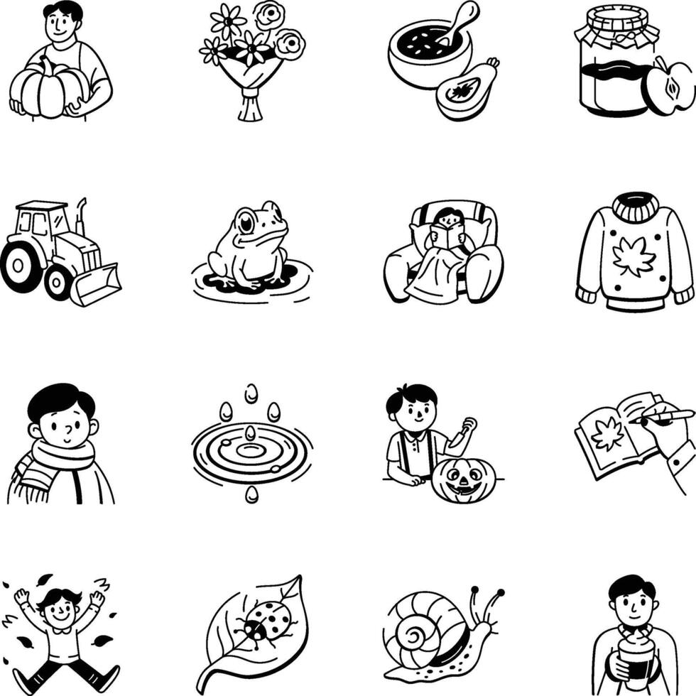 Set of 16 Fall Season Doodle Style Icons vector