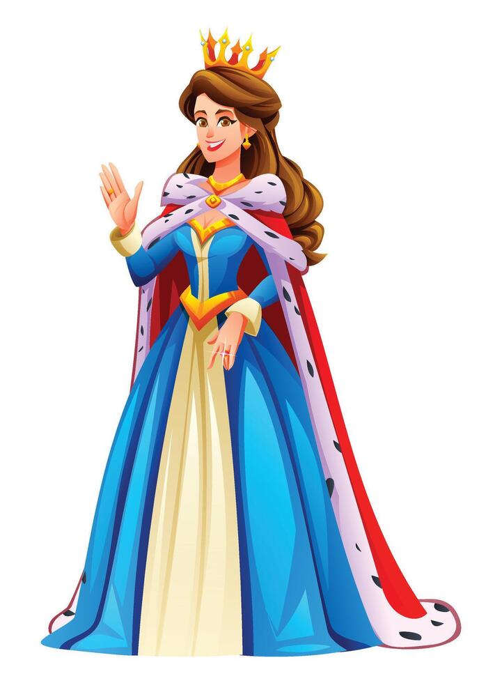 Royal queen in a blue gown with a crown and a red cape, smiling and waving. Cartoon character illustration vector