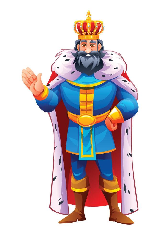 King in royal attire with a crown, waving hand in a royal gesture. Cartoon character illustration vector