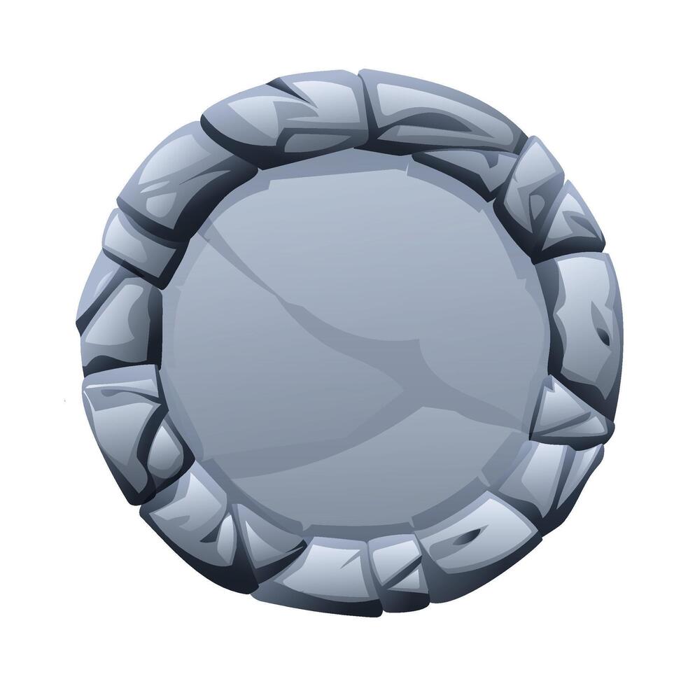 Round stone frame made of jagged stone pieces, with a fractured surface in the middle. Stone banner element for game and web. Ui or gui design element. Cartoon illustration vector