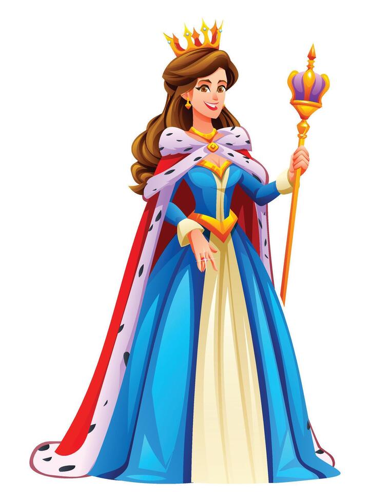 Royal queen holding a scepter, with a crown, red cape, and blue gown, smiling confidently. Cartoon character illustration vector