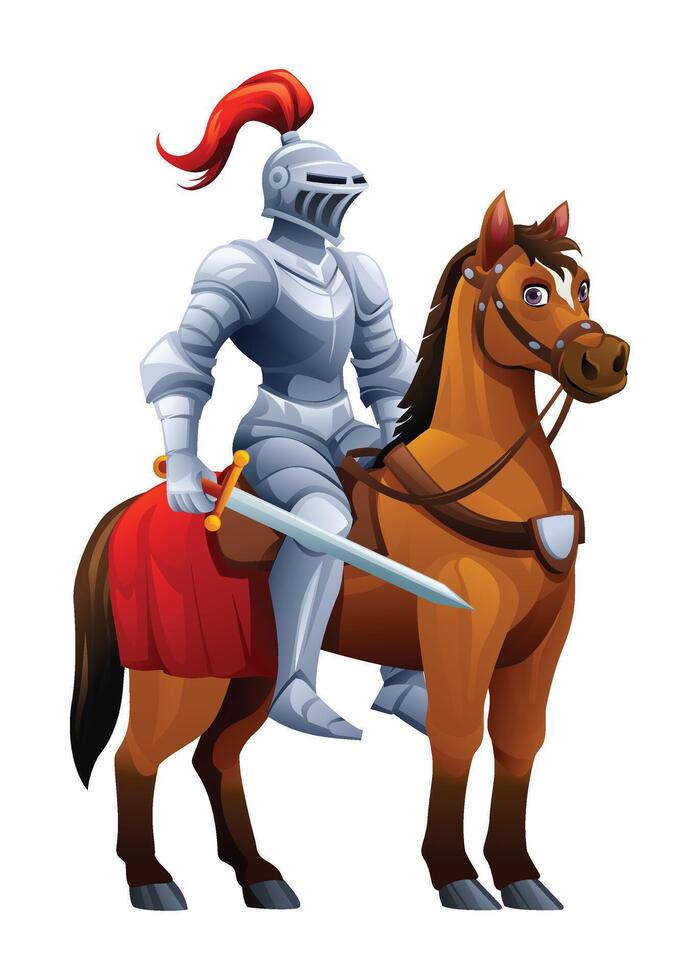 Knight holding sword on a horse, ready for battle. Cartoon illustration vector