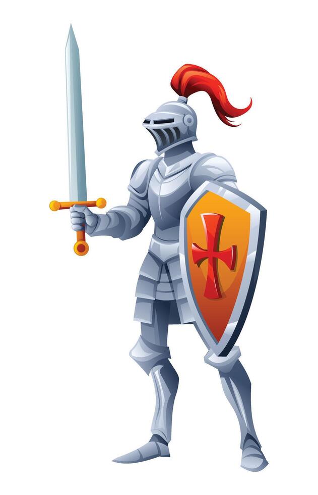 Knight in armor holding sword and shield, with a red plume on the helmet. Cartoon character illustration vector