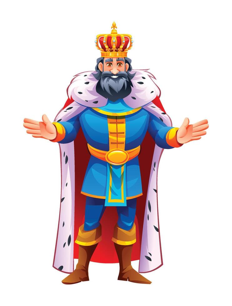 King in regal attire with a crown, extending his hand in a royal gesture. Cartoon character illustration vector