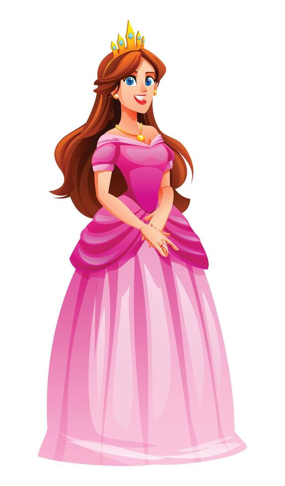 Princess in a pink gown with a crown. Cartoon character illustration vector