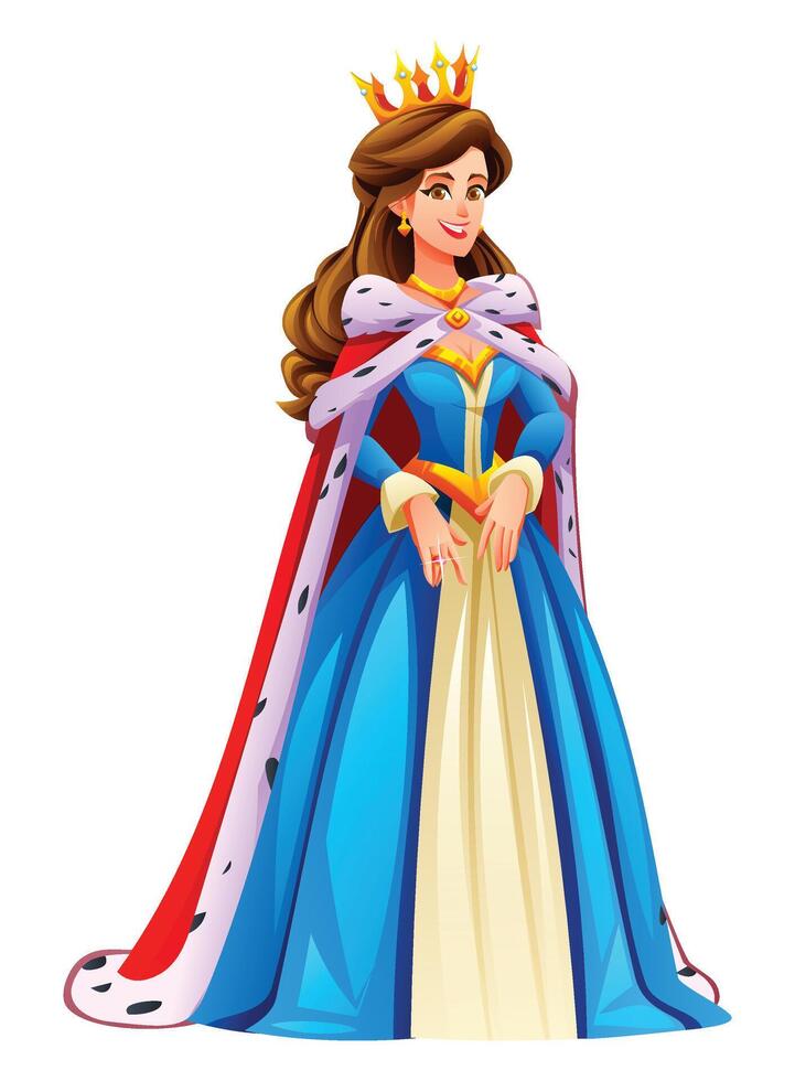 Royal queen character, dressed in a blue gown with a crown and a red cape. Cartoon illustration vector