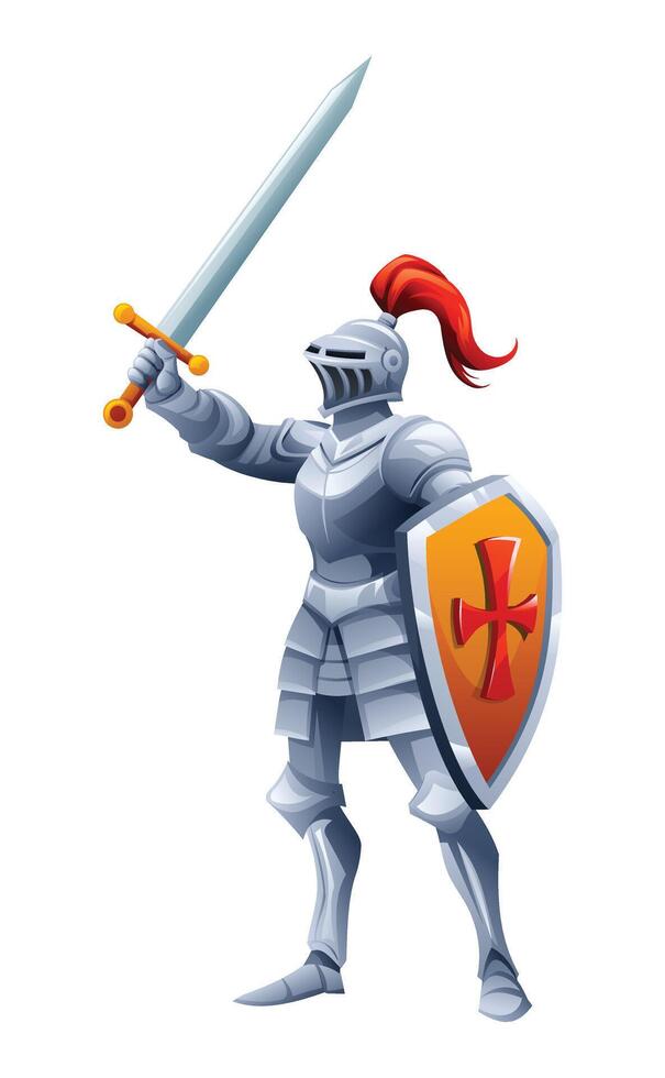 Medieval knight character holding a shield and sword, ready for battle. Cartoon illustration vector