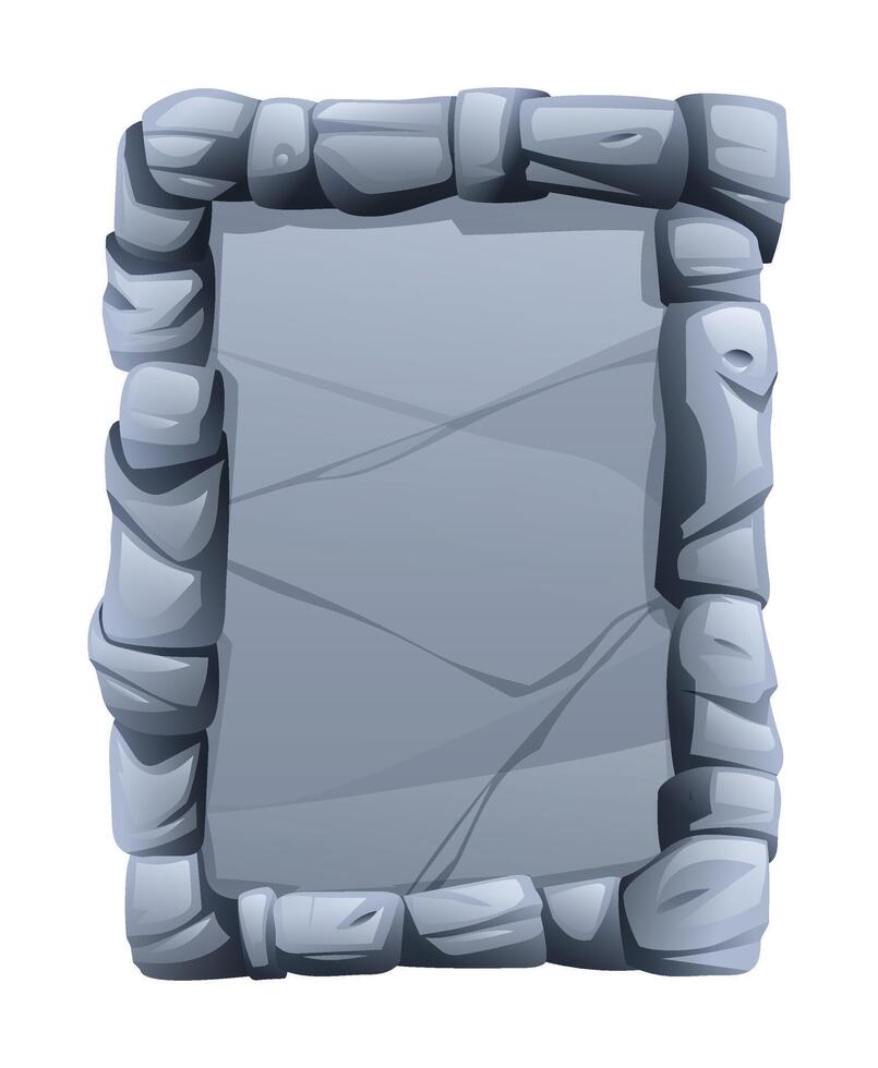 Rectangular stone frame made of jagged stone pieces, with a fractured surface in the middle. Stone banner element for game and web. Ui or gui design element. Cartoon illustration vector