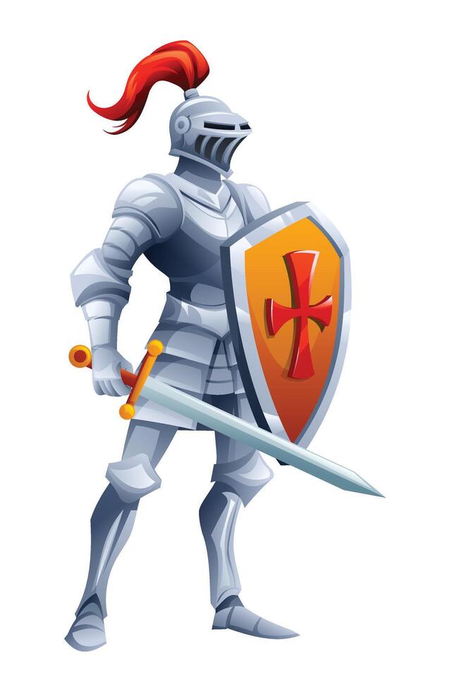 Medieval knight character in full armor holding sword and shield. Cartoon illustration vector