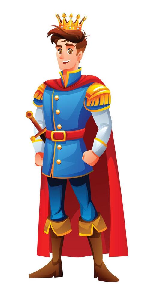 Prince in royal outfit with a crown and sword, smiling confidently. Cartoon character illustration vector