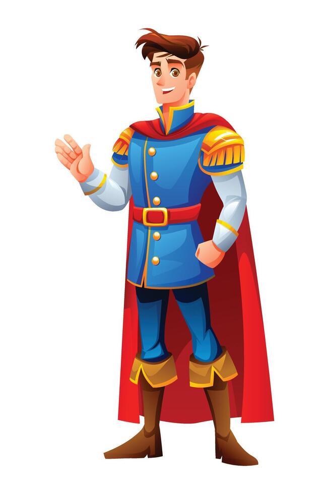 Prince in royal outfit with a cape, gesturing waving hand and smiling. Cartoon character illustration vector