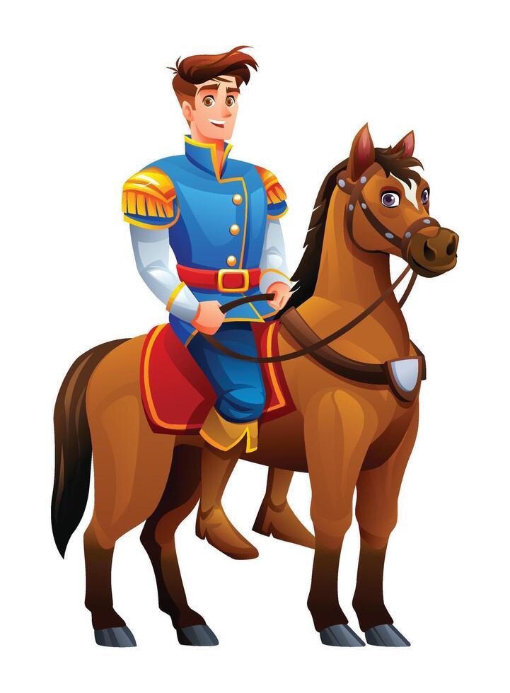 Prince riding a horse, smiling confidently in a royal outfit. Cartoon character illustration vector