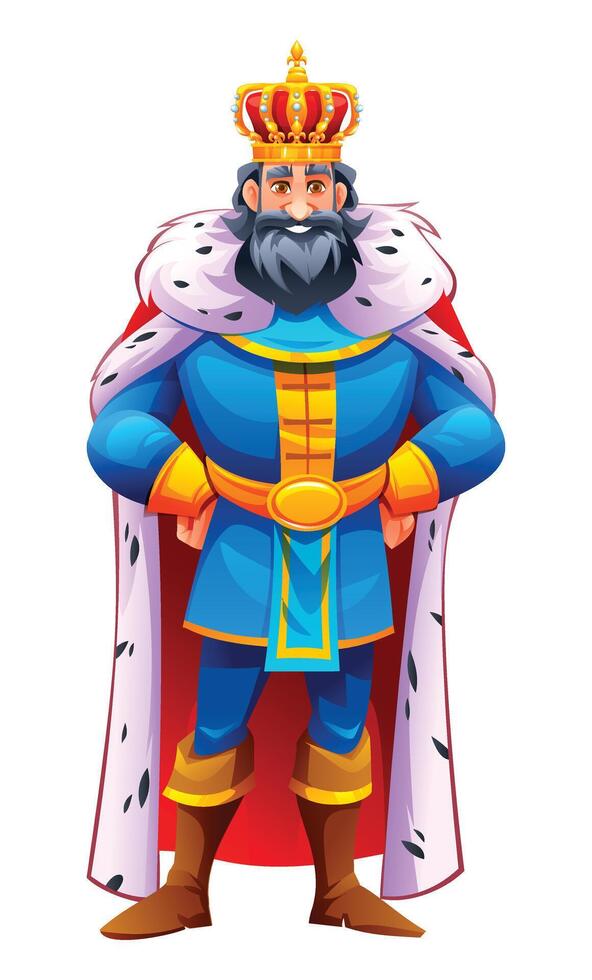 King in royal attire with a crown and regal robes, standing confidently. Cartoon character illustration vector