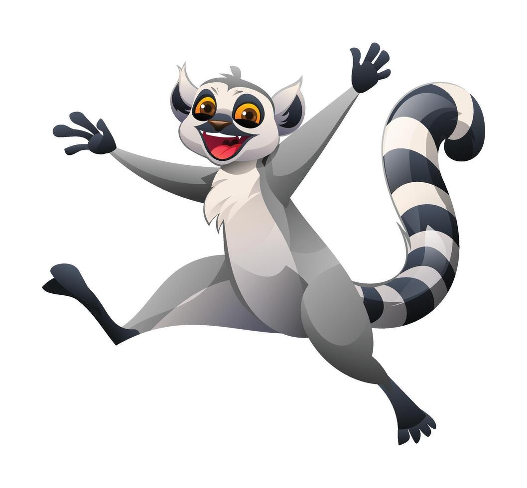 Playful lemur jumping with a joyful expression. Cartoon character illustration vector