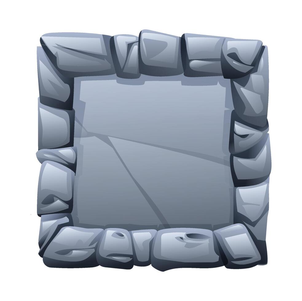 Square stone frame surrounded by jagged stone pieces, with a fractured surface in the middle. Stone banner element for game and web. Ui or gui design element. Cartoon illustration vector