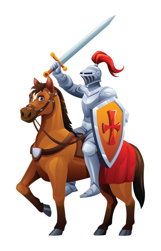 Knight on a horse holding sword with shield. Cartoon illustration vector