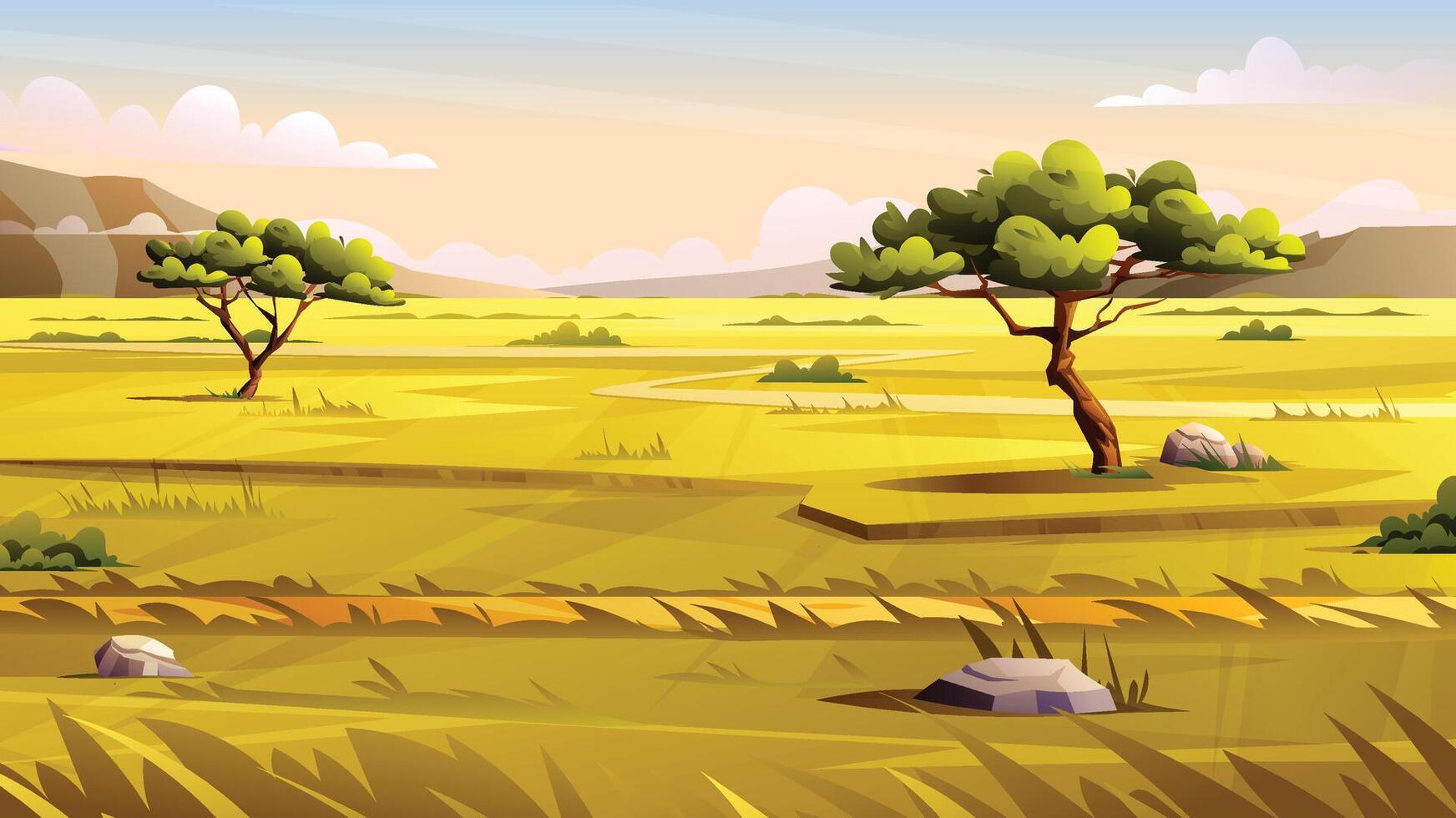 Vast savanna with scattered trees, rocks, and a winding path through the grass. Cartoon landscape illustration vector