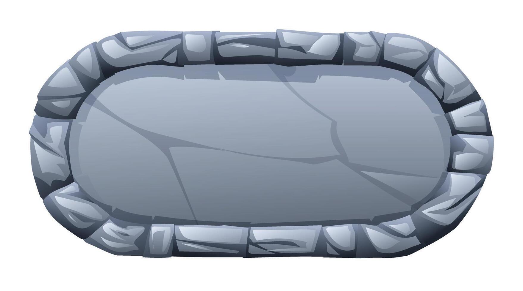 Rounded rectangle stone frame surrounded by jagged stone pieces, with a fractured surface in the middle. Stone banner element for game and web. Ui or gui design element. Cartoon illustration vector