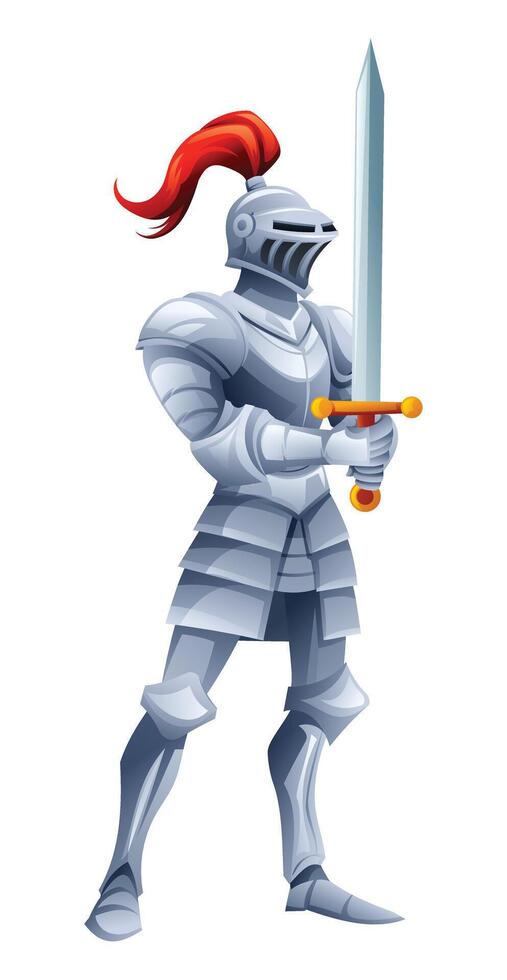 Medieval knight in shining armor holding sword and shield in a confident stance. Cartoon character illustration vector