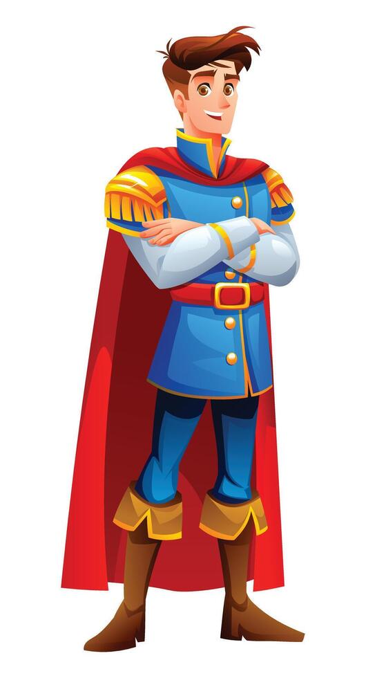 Prince in royal outfit with a cape, arms crossed confidently, smiling. Cartoon character illustration vector