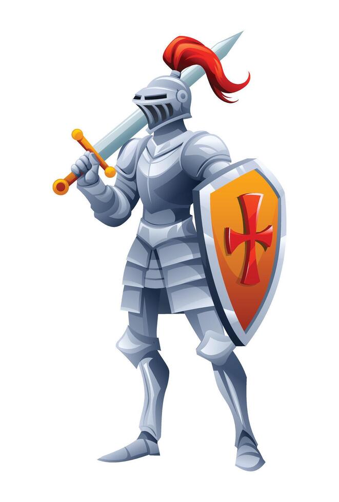Medieval knight in shiny armor holding sword and shield. Cartoon character illustration vector