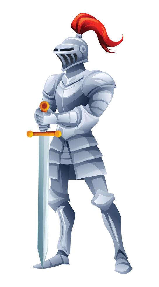 Medieval knight in full armor holding a sword, ready for battle. Cartoon character illustration vector