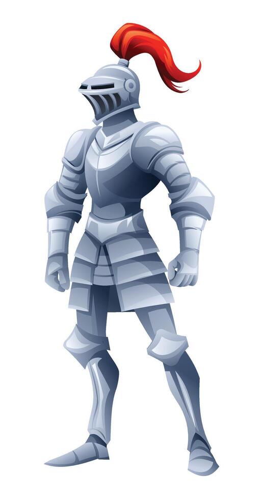 Knight character in full armor with a red plume, standing proudly in a heroic pose. Cartoon illustration vector