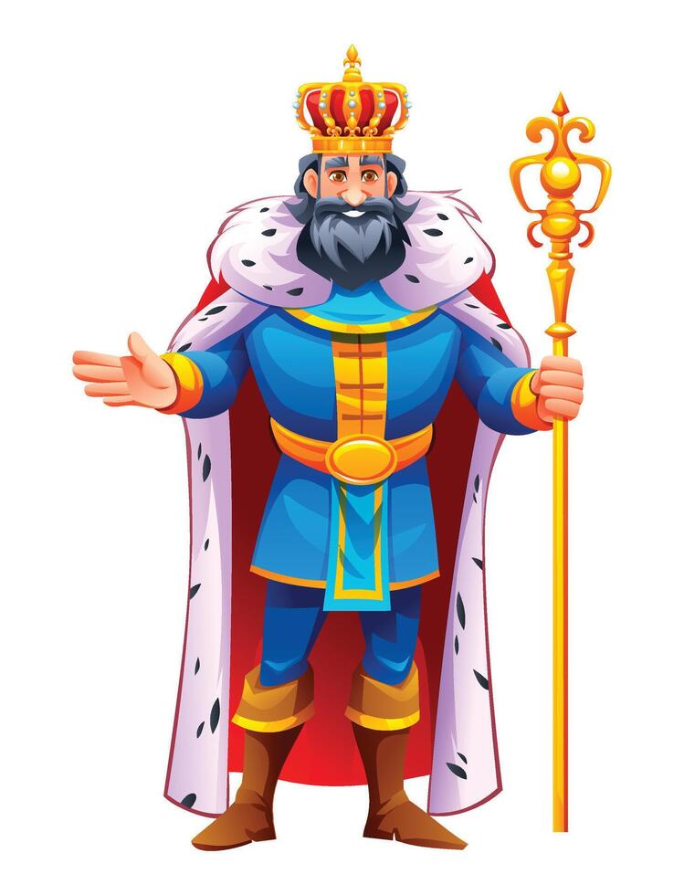 King in regal attire with a crown, holding a scepter, spreading his arms in a gesture of leadership. Cartoon character illustration vector