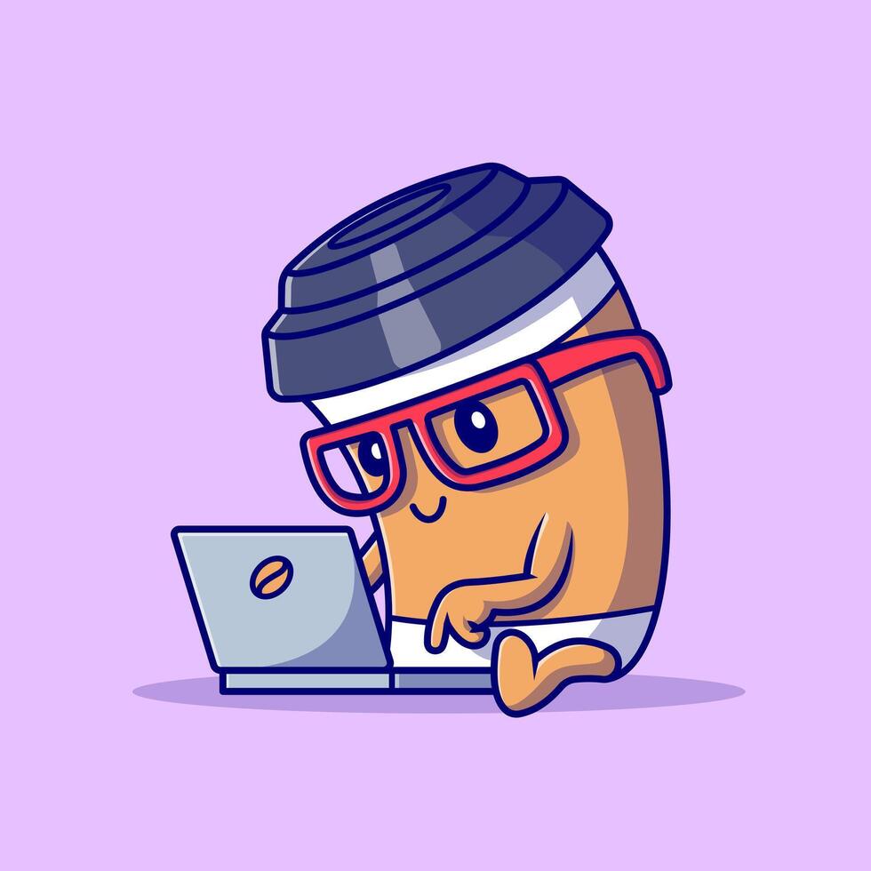 Cute Coffee Cup Working on Laptop Cartoon vector