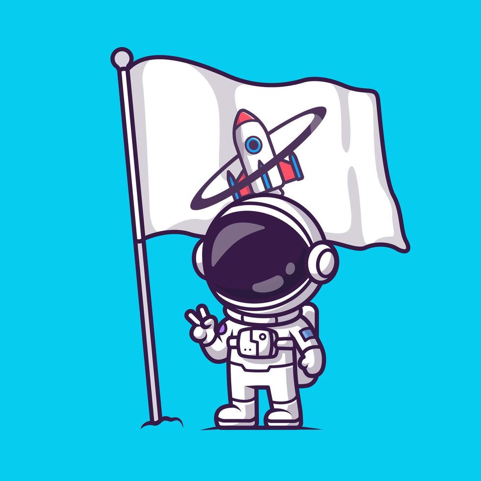 Cute Astronaut Peace Hand With Rocket Flag Cartoon vector