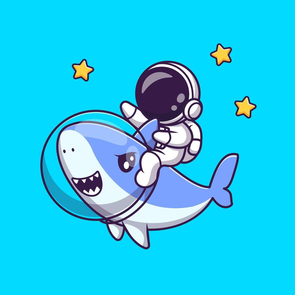 Cute Astronaut Riding Shark in Space With Star Cartoon vector