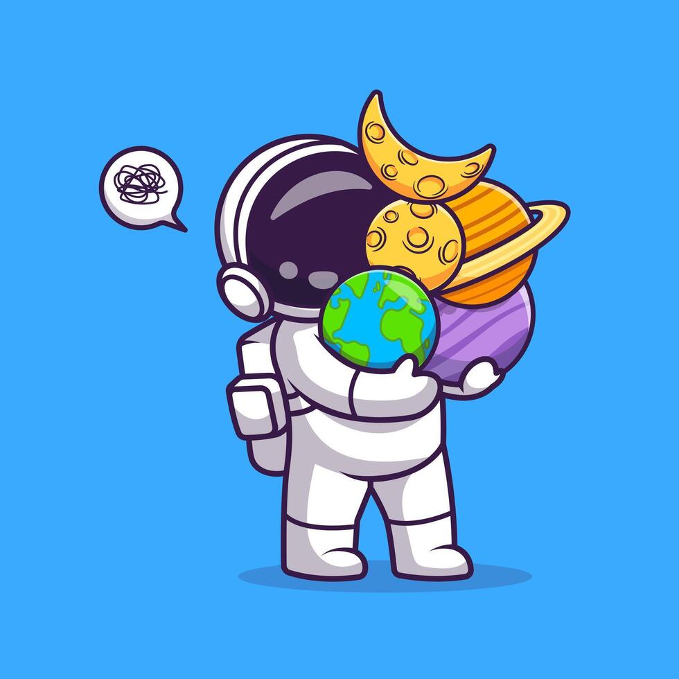 Cute Astronaut Bring Planet and Moon Cartoon Illustration vector